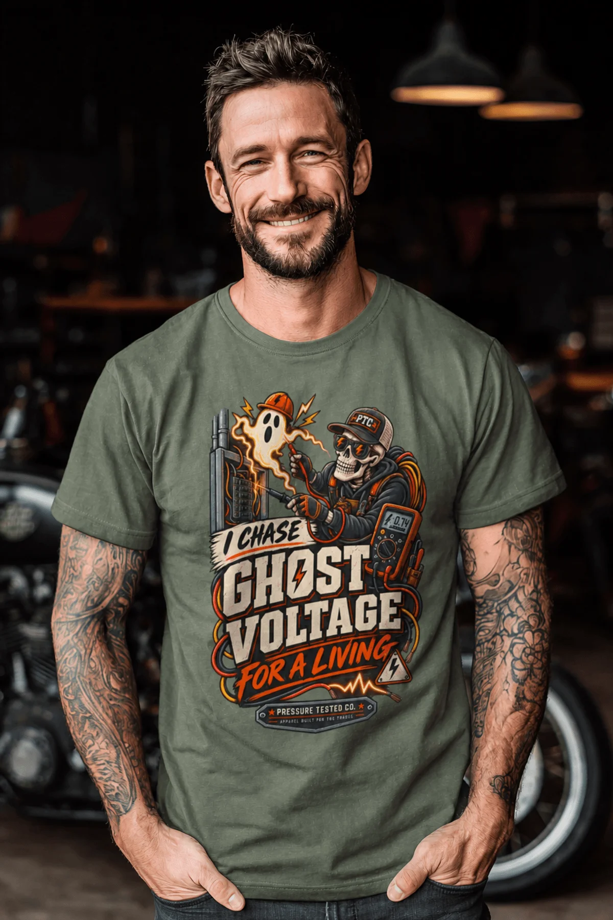 Ghost Voltage T-Shirt — 'I Chase Ghost Voltage for a Living' Vintage Electrician Tee — moss t-shirt, model photo | Pressure Tested Co
