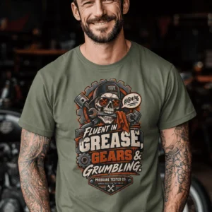 Mechanic Skull T-Shirt — "Fluent in Grease, Gears and Grumbling" Graphic Tee — moss t-shirt, model photo | Pressure Tested Co