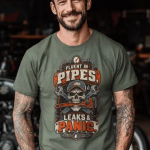 Plumber Skull T-Shirt — "Fluent in Pipes, Leaks and Panic" Workwear Tee — moss t-shirt, model photo | Pressure Tested Co