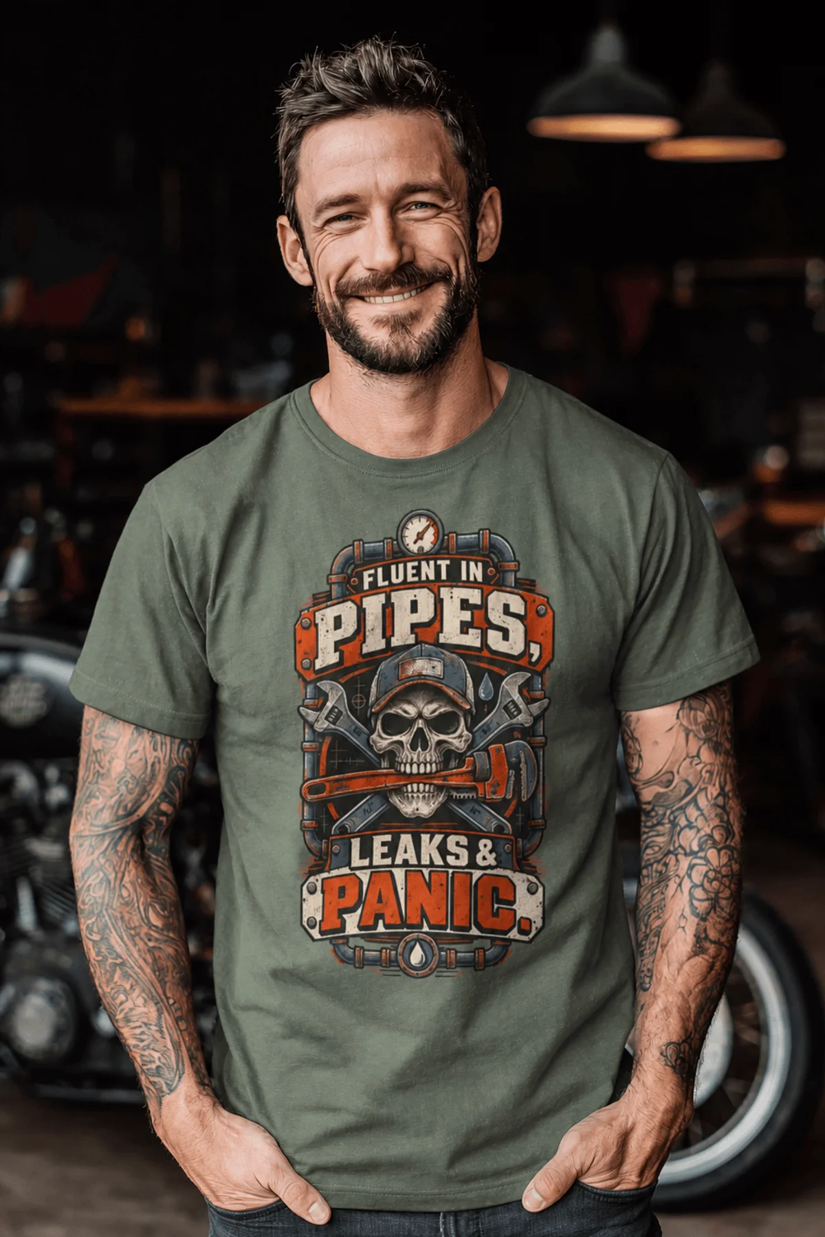 Plumber Skull T-Shirt — "Fluent in Pipes, Leaks and Panic" Workwear Tee — moss t-shirt, model photo | Pressure Tested Co