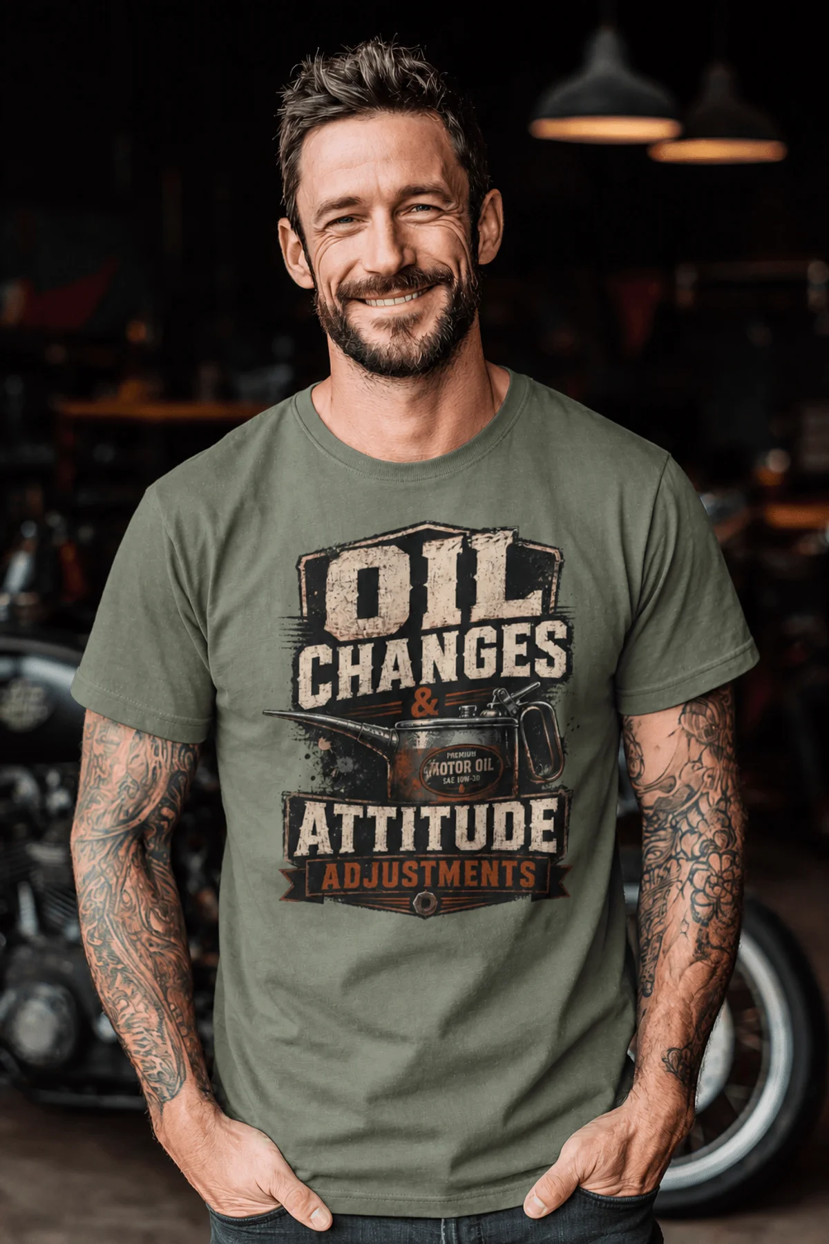 'Blue Collar. Cold Air. Hot Coffee.' T-Shirt — Funny Retro Industrial HVAC Tee — moss t-shirt, model photo | Pressure Tested Co