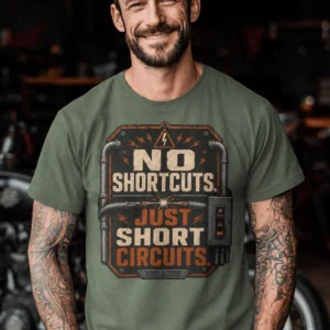 No Shortcuts Just Short Circuits T-Shirt — Funny Retro Industrial Electrician Tee — moss t-shirt, model photo | Pressure Tested Co