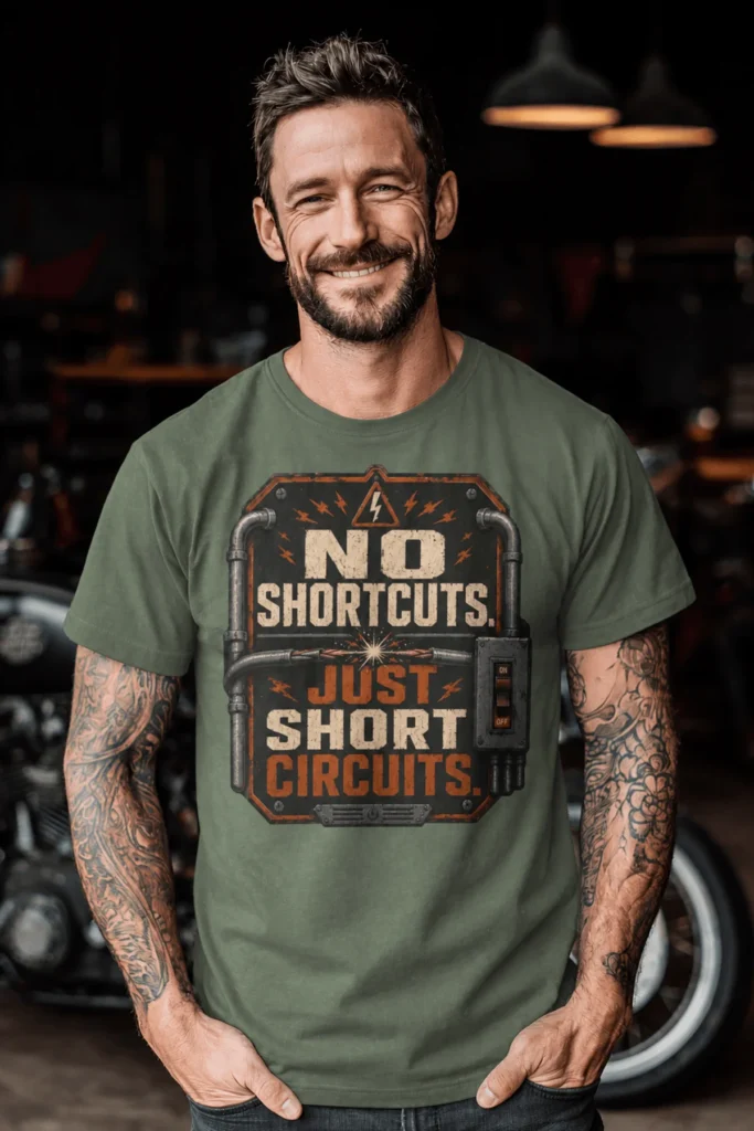 No Shortcuts Just Short Circuits T-Shirt — Funny Retro Industrial Electrician Tee — moss t-shirt, model photo | Pressure Tested Co
