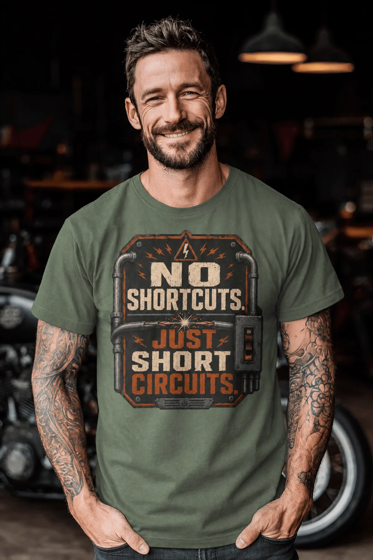No Shortcuts Just Short Circuits T-Shirt — Funny Retro Industrial Electrician Tee — moss t-shirt, model photo | Pressure Tested Co