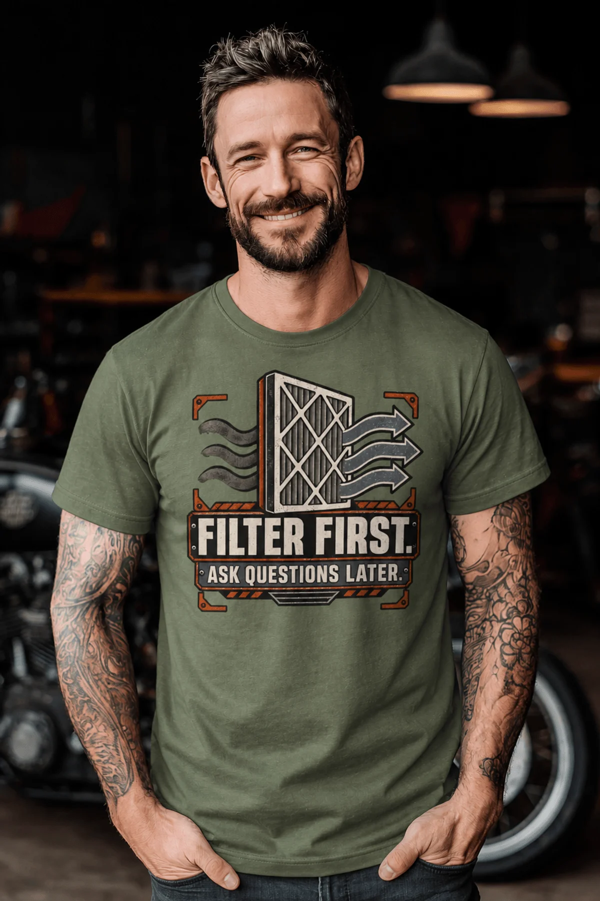 T-Shirt — "Filter First. Ask Questions Later." HVAC Air Filter Graphic — moss t-shirt, model photo | Pressure Tested Co