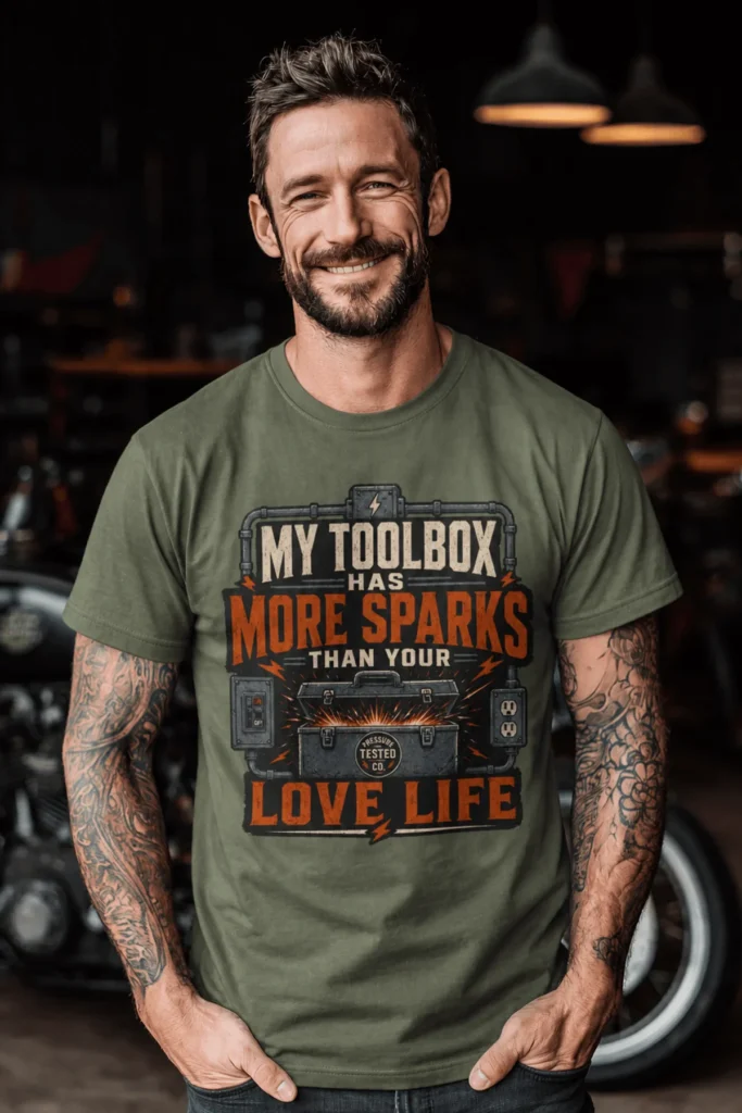 T-Shirt — "My Toolbox Has More Sparks Than Your Love Life" Electrician/Mechanic Workshop Tee — moss t-shirt, model photo | Pressure Tested Co