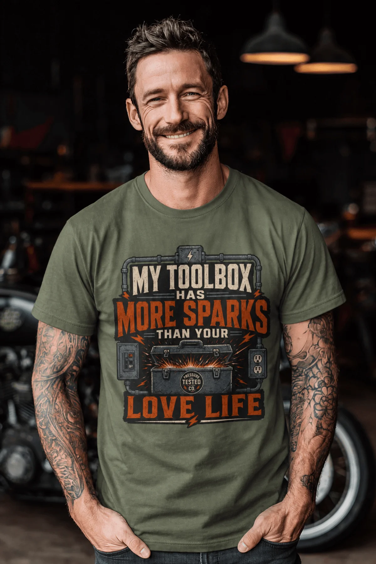 T-Shirt — "My Toolbox Has More Sparks Than Your Love Life" Electrician/Mechanic Workshop Tee — moss t-shirt, model photo | Pressure Tested Co
