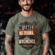 "No Leaks, No Drama, Just Wrenches" Vintage Plumbing Tee — moss t-shirt, model photo | Pressure Tested Co