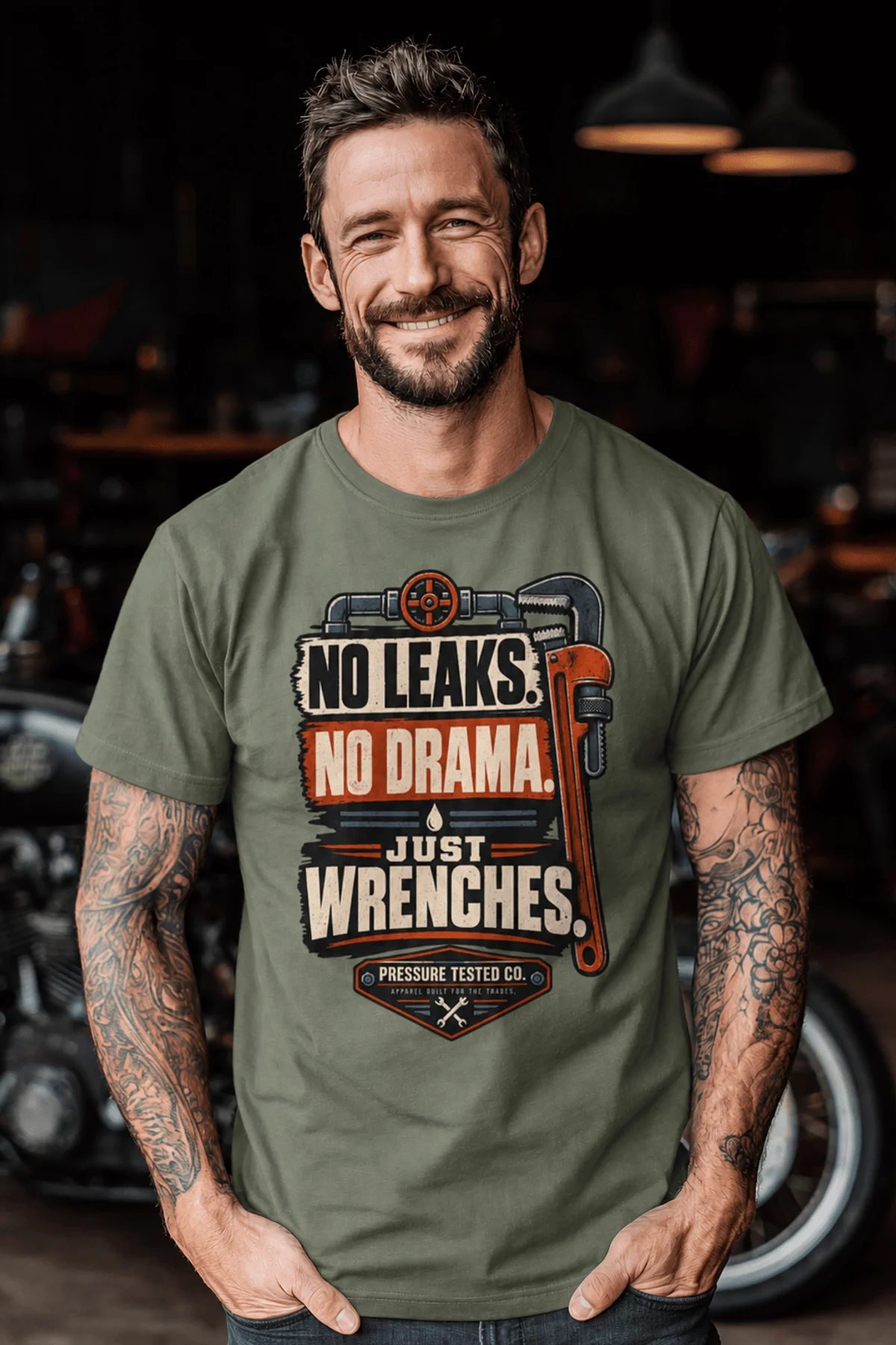 "No Leaks, No Drama, Just Wrenches" Vintage Plumbing Tee — moss t-shirt, model photo | Pressure Tested Co