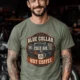 'Blue Collar. Cold Air. Hot Coffee.' T-Shirt — Funny Retro Industrial HVAC Tee — moss t-shirt, model photo | Pressure Tested Co