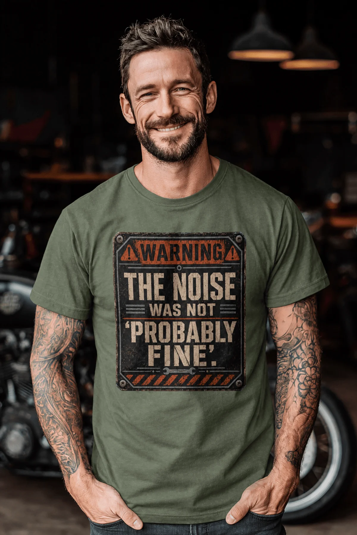 Warning Sign T-Shirt — "The Noise Was Not 'Probably Fine'" Vintage Graphic Tee — moss t-shirt, model photo | Pressure Tested Co