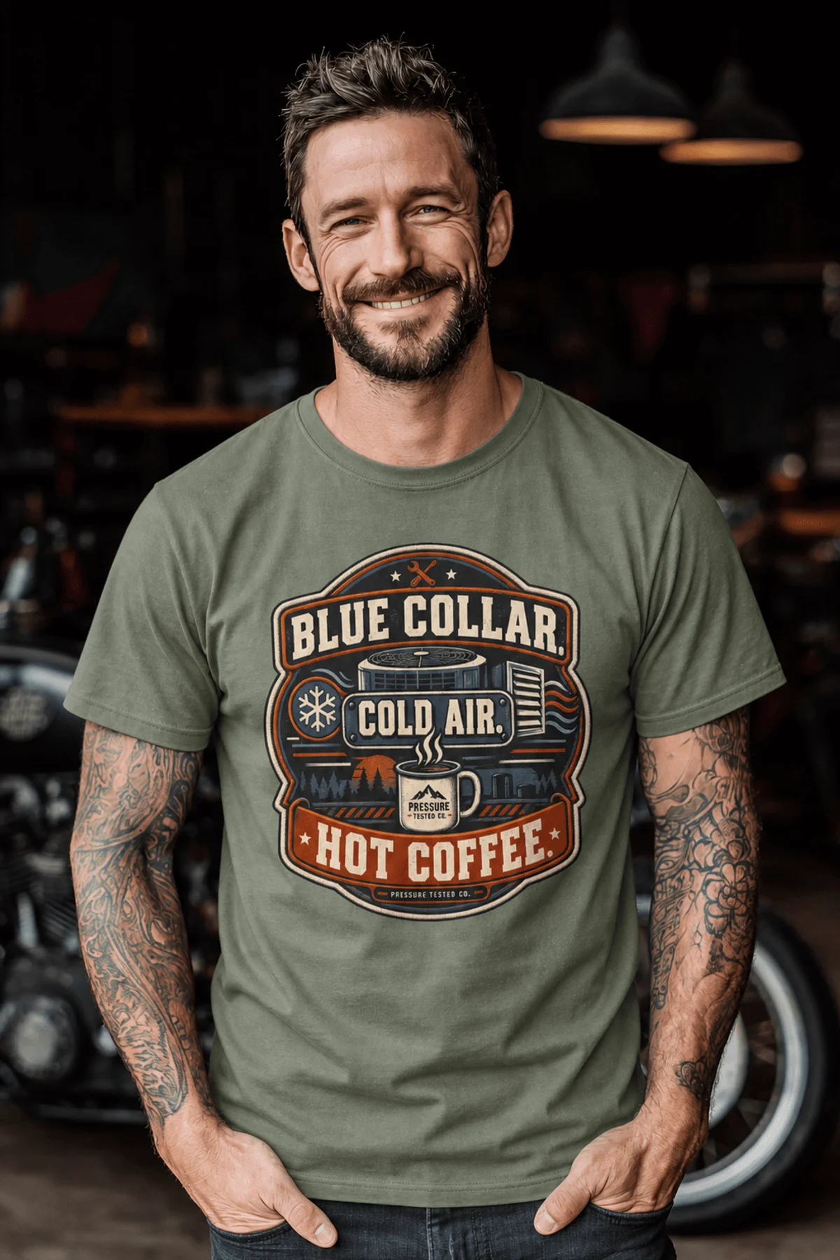 'Blue Collar. Cold Air. Hot Coffee.' T-Shirt — Funny Retro Industrial HVAC Tee — moss t-shirt, model photo | Pressure Tested Co