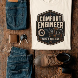 HVAC Tech T-Shirt — "Comfort Engineer" Vintage Tee with a Tool Bag — natural t-shirt, flat-lay product photo | Pressure Tested Co