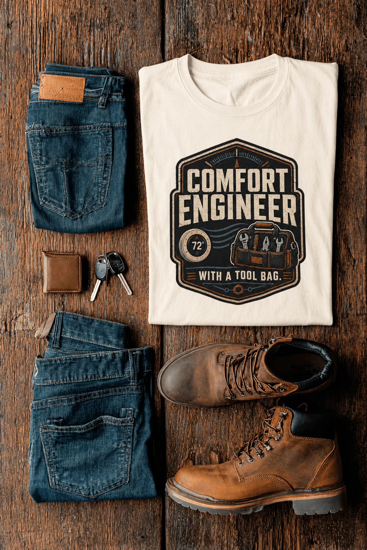 HVAC Tech T-Shirt — "Comfort Engineer" Vintage Tee with a Tool Bag — natural t-shirt, flat-lay product photo | Pressure Tested Co