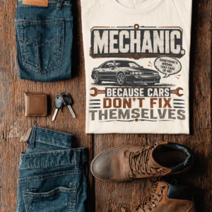Mechanic Tee — "Mechanic. Because Cars Don't Fix Themselves" Funny Vintage Auto Technician Repair Shirt — natural t-shirt, flat-lay product photo | Pressure Tested Co
