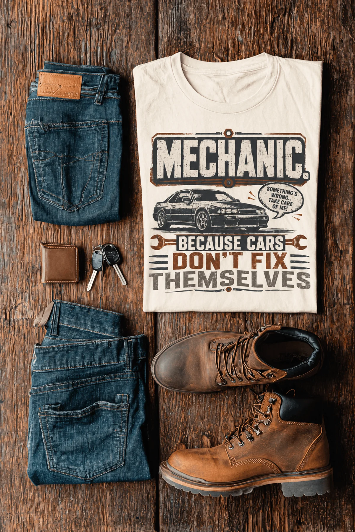 Mechanic Tee — "Mechanic. Because Cars Don't Fix Themselves" Funny Vintage Auto Technician Repair Shirt — natural t-shirt, flat-lay product photo | Pressure Tested Co