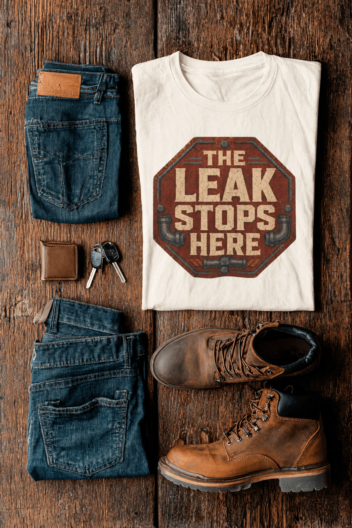 "The Leak Stops Here" Stop Sign Badge Style — Plumbing Repair Tech Humorous Tee — natural t-shirt, flat-lay product photo | Pressure Tested Co