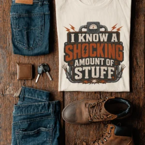 I Know A Shocking Amount Of Stuff T-Shirt — Electrician Science Humorous Tee — natural t-shirt, flat-lay product photo | Pressure Tested Co