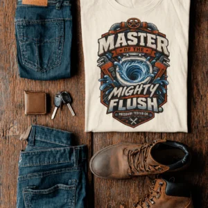 Master of the Mighty Flush T-Shirt — Plumber/Funny Toilet Repair Tee — natural t-shirt, flat-lay product photo | Pressure Tested Co
