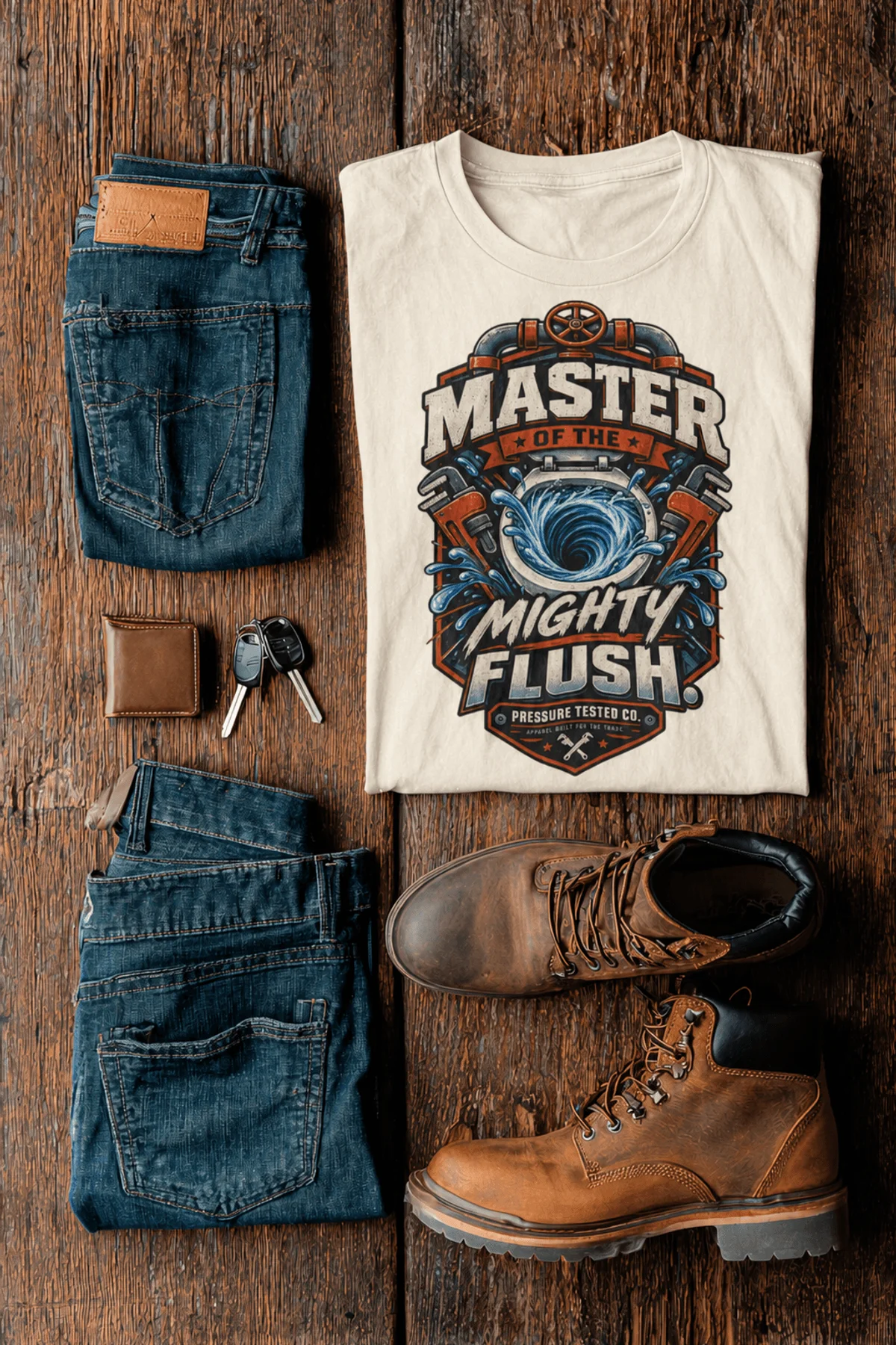 Master of the Mighty Flush T-Shirt — Plumber/Funny Toilet Repair Tee — natural t-shirt, flat-lay product photo | Pressure Tested Co