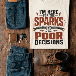 Sparks and Poor Decisions Tee — Funny Electrician/Party Graphic T-Shirt — natural t-shirt, flat-lay product photo | Pressure Tested Co
