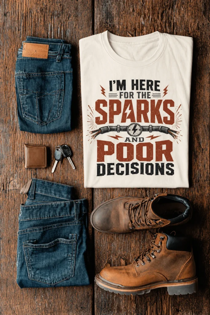 Sparks and Poor Decisions Tee — Funny Electrician/Party Graphic T-Shirt — natural t-shirt, flat-lay product photo | Pressure Tested Co