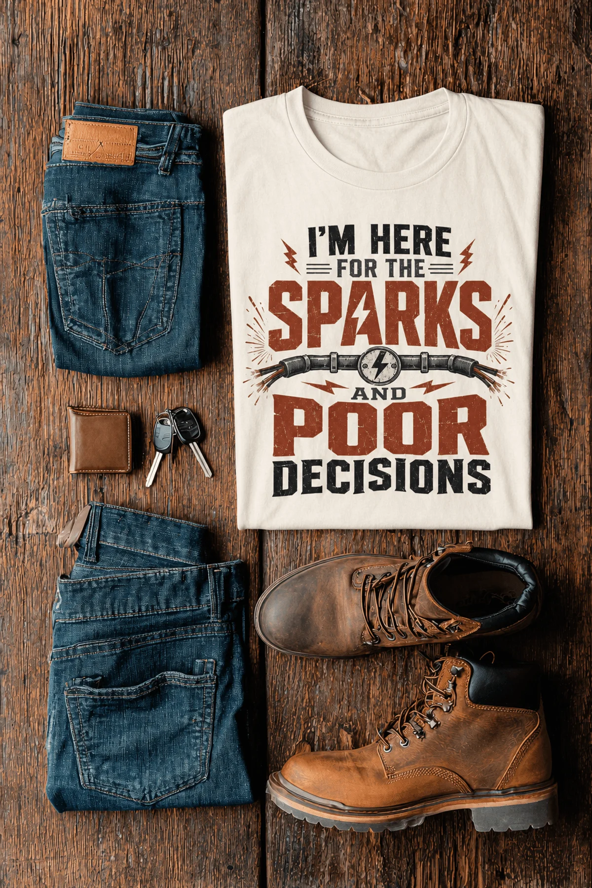 Sparks and Poor Decisions Tee — Funny Electrician/Party Graphic T-Shirt — natural t-shirt, flat-lay product photo | Pressure Tested Co