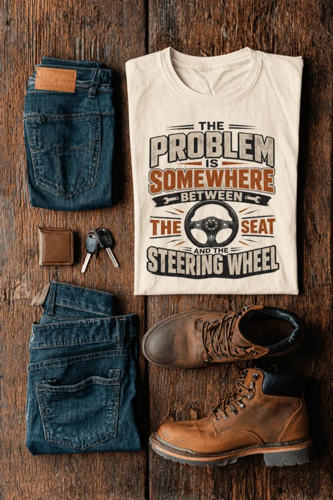 Driving Humor T-Shirt — "The Problem Is Somewhere Between The Seat And The Steering Wheel" — natural t-shirt, flat-lay product photo | Pressure Tested Co