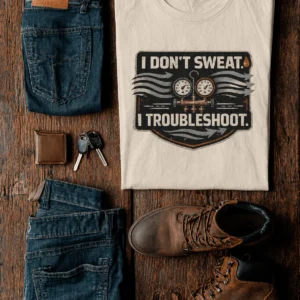 HVAC Tech T-Shirt – "I Don't Sweat. I Troubleshoot." Retro Tech Shirt — natural t-shirt, flat-lay product photo | Pressure Tested Co