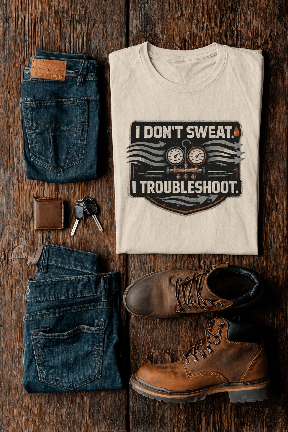 HVAC Tech T-Shirt – "I Don't Sweat. I Troubleshoot." Retro Tech Shirt — natural t-shirt, flat-lay product photo | Pressure Tested Co