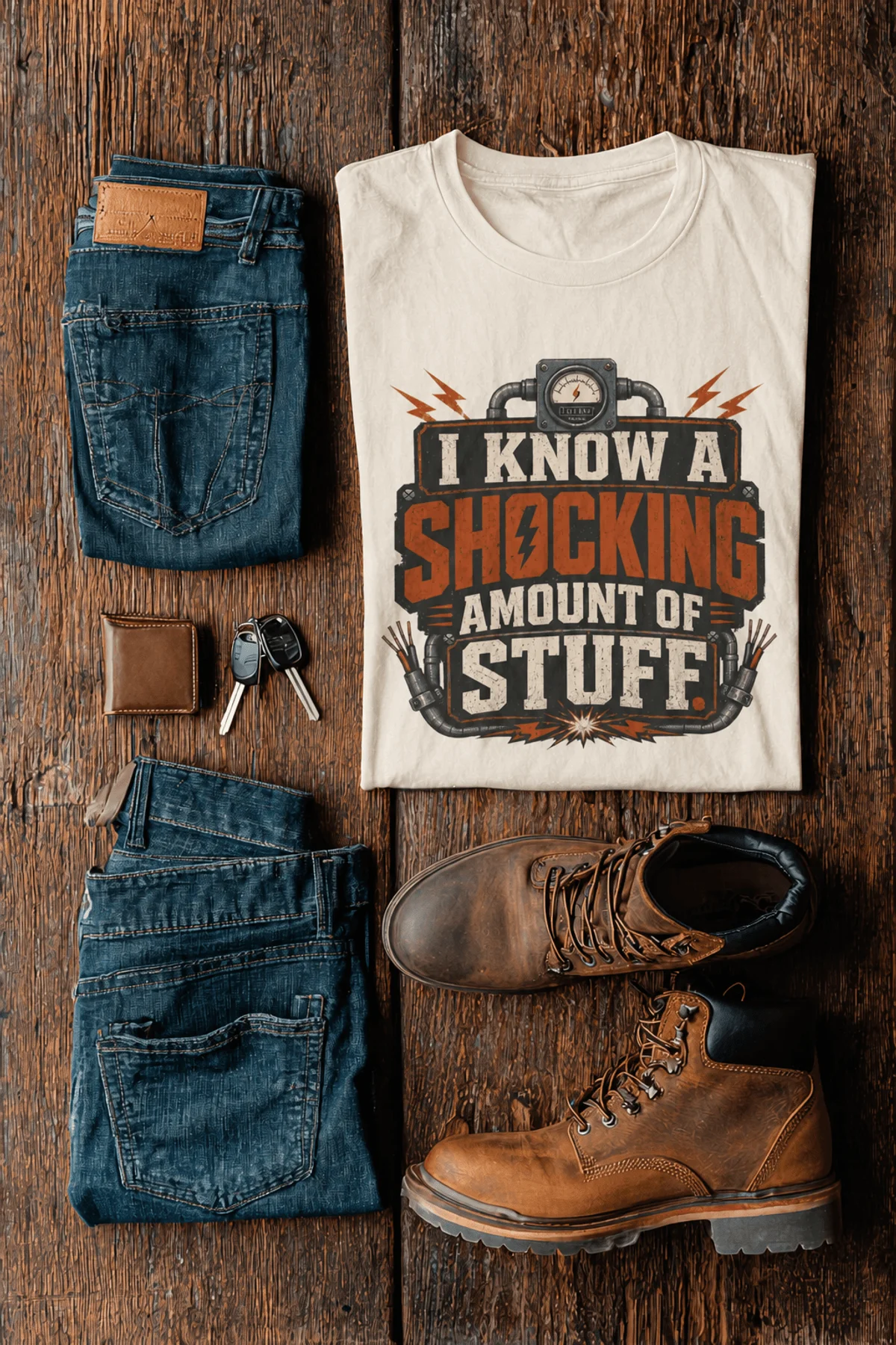 I Know A Shocking Amount Of Stuff T-Shirt — Electrician Science Humorous Tee — natural t-shirt, flat-lay product photo | Pressure Tested Co