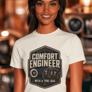 HVAC Tech T-Shirt — "Comfort Engineer" Vintage Tee with a Tool Bag — natural t-shirt, model photo | Pressure Tested Co