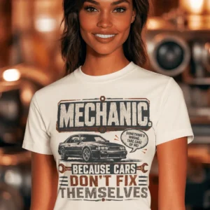 Mechanic Tee — "Mechanic. Because Cars Don't Fix Themselves" Funny Vintage Auto Technician Repair Shirt — natural t-shirt, model photo | Pressure Tested Co
