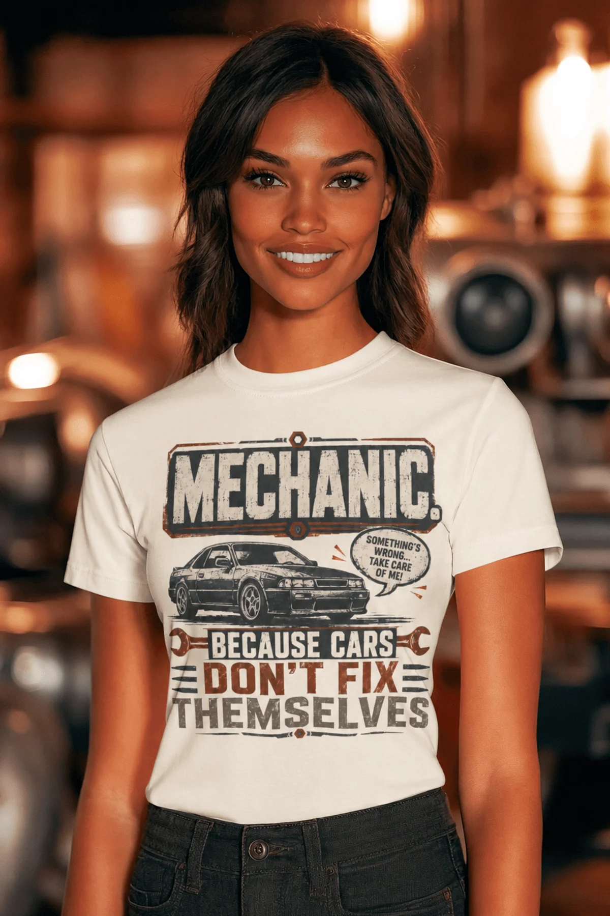 Mechanic Tee — "Mechanic. Because Cars Don't Fix Themselves" Funny Vintage Auto Technician Repair Shirt — natural t-shirt, model photo | Pressure Tested Co