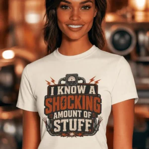 I Know A Shocking Amount Of Stuff T-Shirt — Electrician Science Humorous Tee — natural t-shirt, model photo | Pressure Tested Co