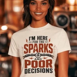Sparks and Poor Decisions Tee — Funny Electrician/Party Graphic T-Shirt — natural t-shirt, model photo | Pressure Tested Co