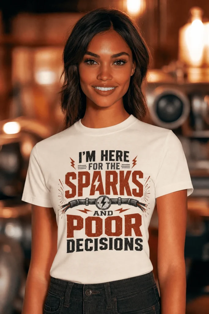 Sparks and Poor Decisions Tee — Funny Electrician/Party Graphic T-Shirt — natural t-shirt, model photo | Pressure Tested Co