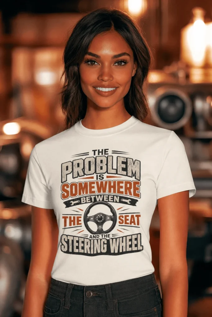 Driving Humor T-Shirt — "The Problem Is Somewhere Between The Seat And The Steering Wheel" — natural t-shirt, model photo | Pressure Tested Co