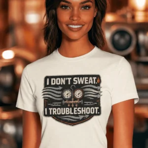 HVAC Tech T-Shirt – "I Don't Sweat. I Troubleshoot." Retro Tech Shirt — natural t-shirt, model photo | Pressure Tested Co