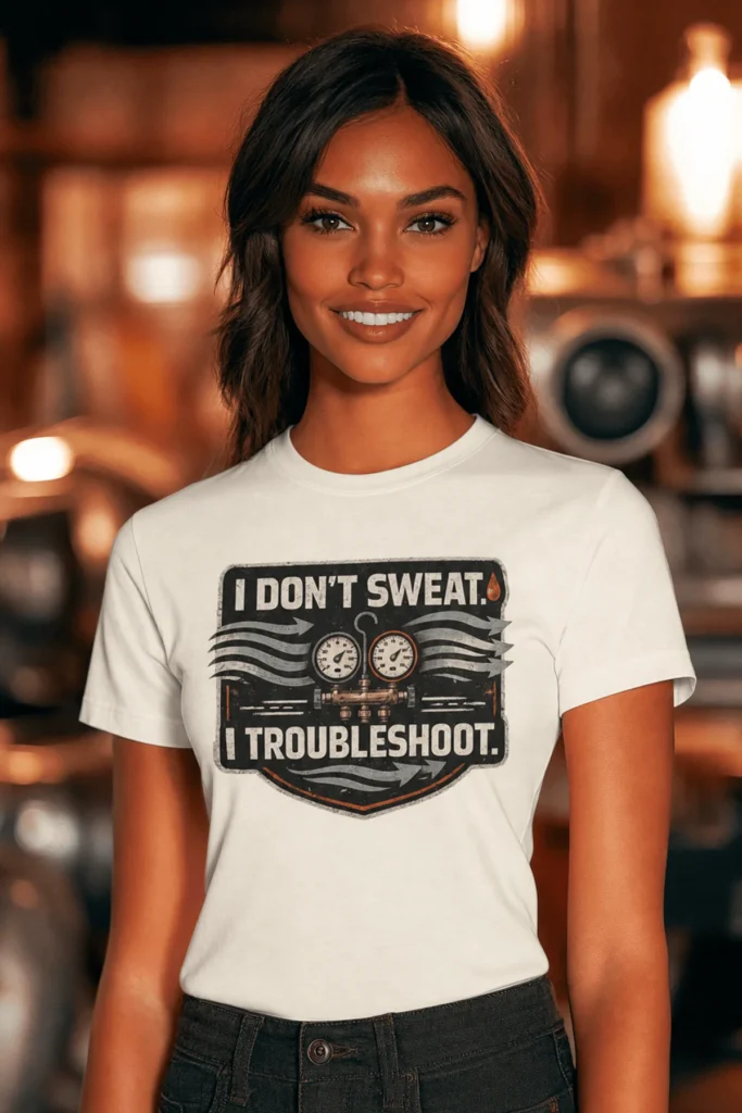 HVAC Tech T-Shirt – "I Don't Sweat. I Troubleshoot." Retro Tech Shirt — natural t-shirt, model photo | Pressure Tested Co