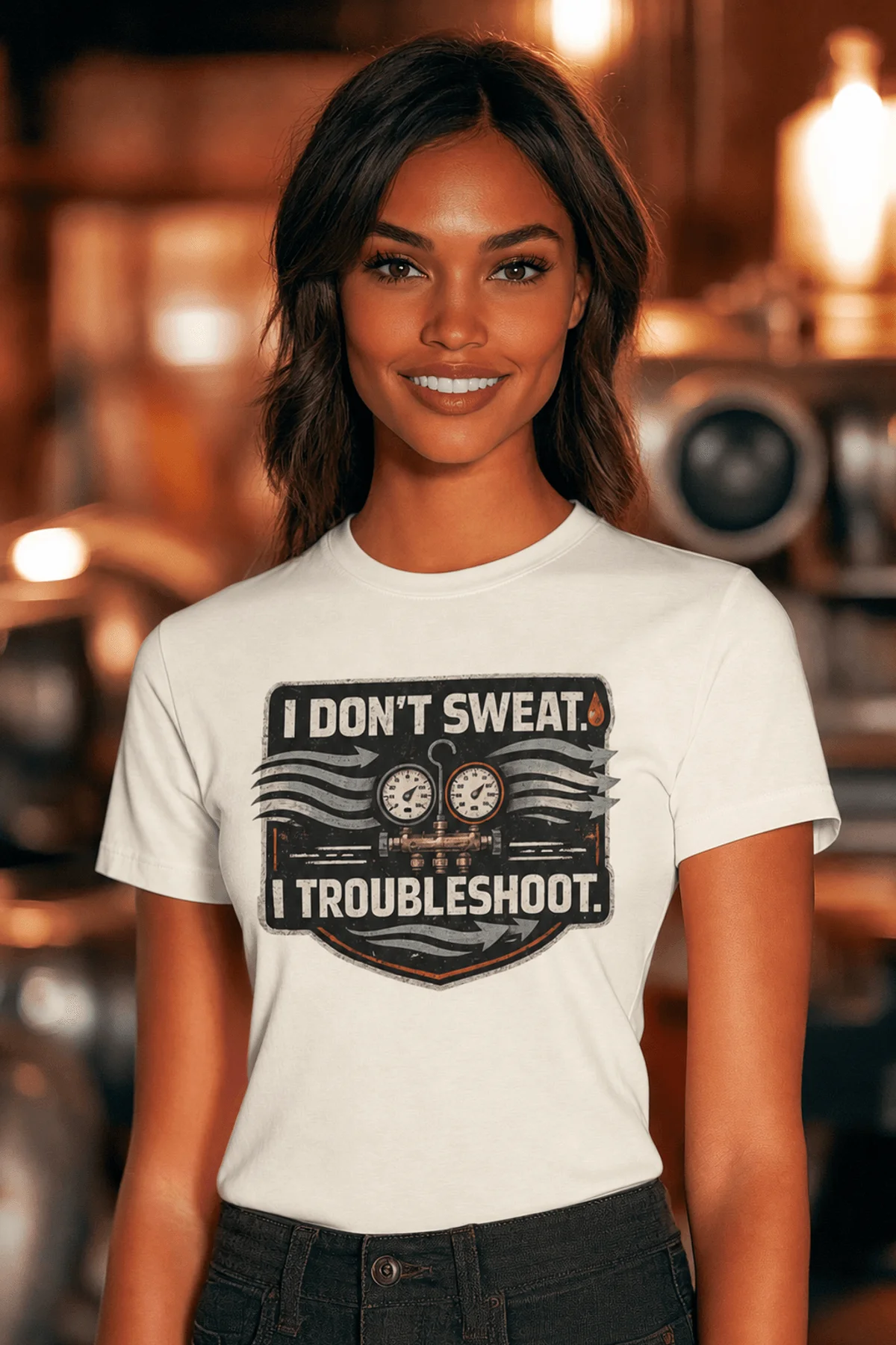 HVAC Tech T-Shirt – "I Don't Sweat. I Troubleshoot." Retro Tech Shirt — natural t-shirt, model photo | Pressure Tested Co