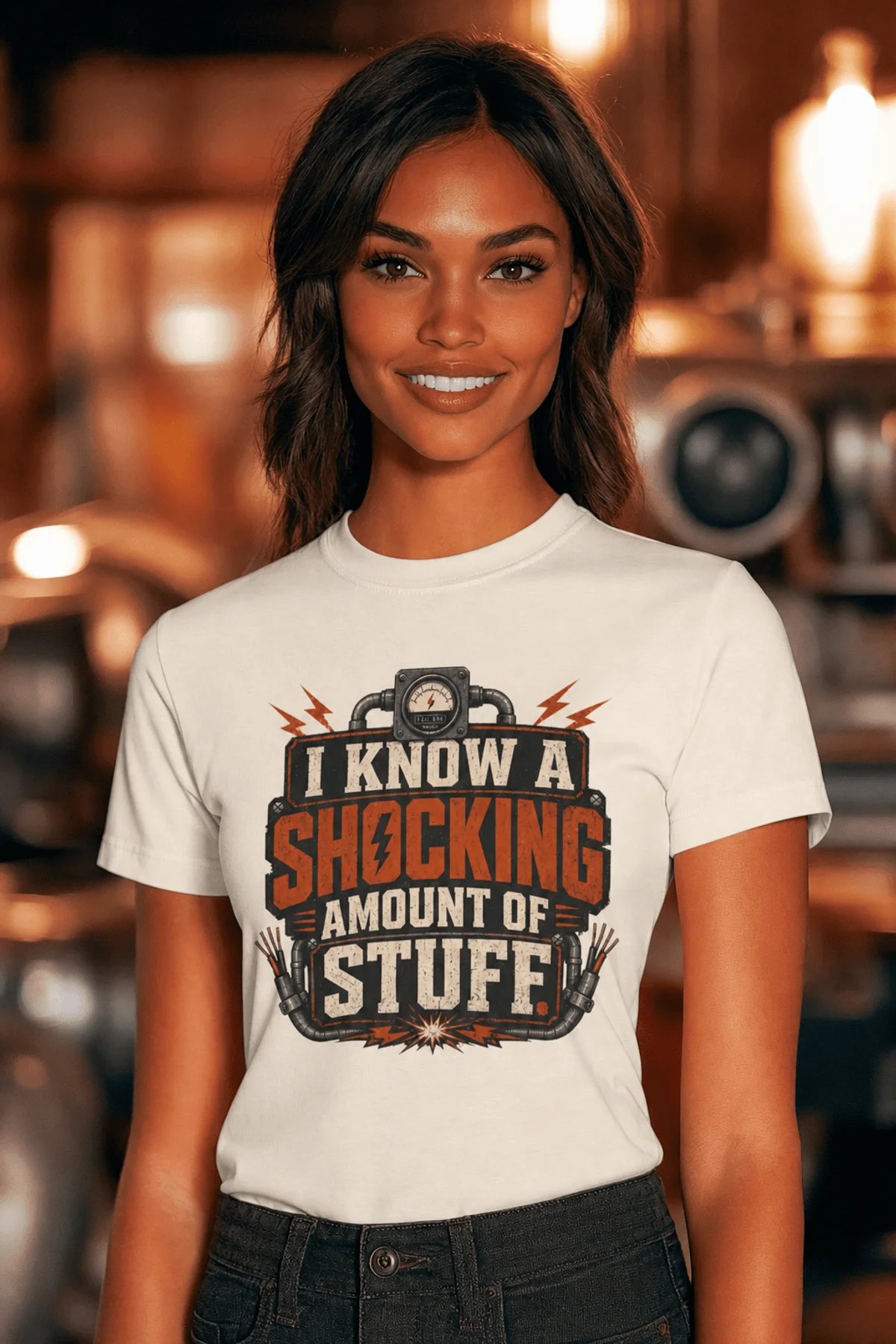 I Know A Shocking Amount Of Stuff T-Shirt — Electrician Science Humorous Tee — natural t-shirt, model photo | Pressure Tested Co