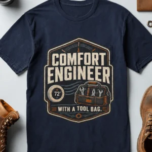 HVAC Tech T-Shirt — "Comfort Engineer" Vintage Tee with a Tool Bag — navy t-shirt, flat-lay product photo | Pressure Tested Co