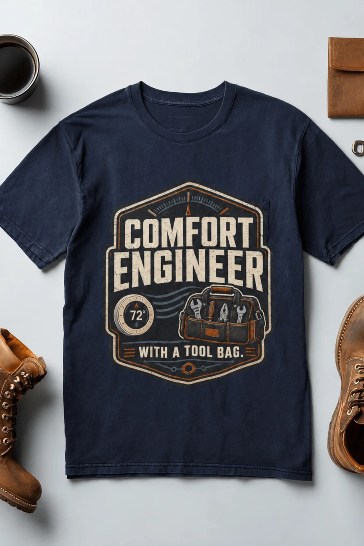 HVAC Tech T-Shirt — "Comfort Engineer" Vintage Tee with a Tool Bag — navy t-shirt, flat-lay product photo | Pressure Tested Co