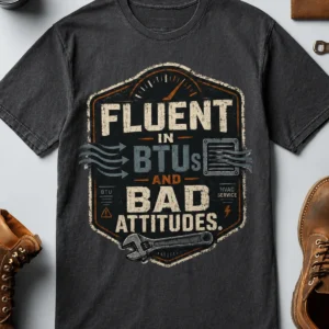 HVAC Tech T‑Shirt – "Fluent In BTUs And Bad Attitudes" — navy t-shirt, flat-lay product photo | Pressure Tested Co