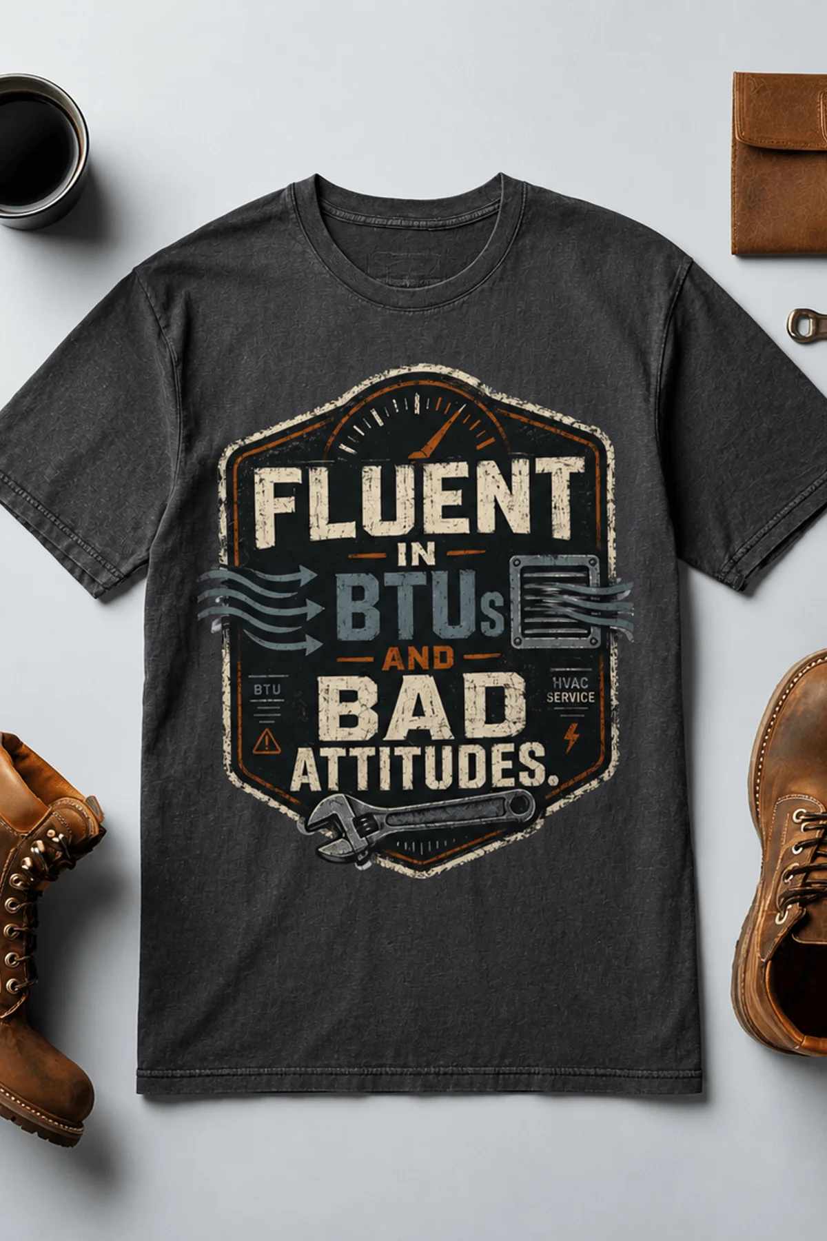HVAC Tech T‑Shirt – "Fluent In BTUs And Bad Attitudes" — navy t-shirt, flat-lay product photo | Pressure Tested Co