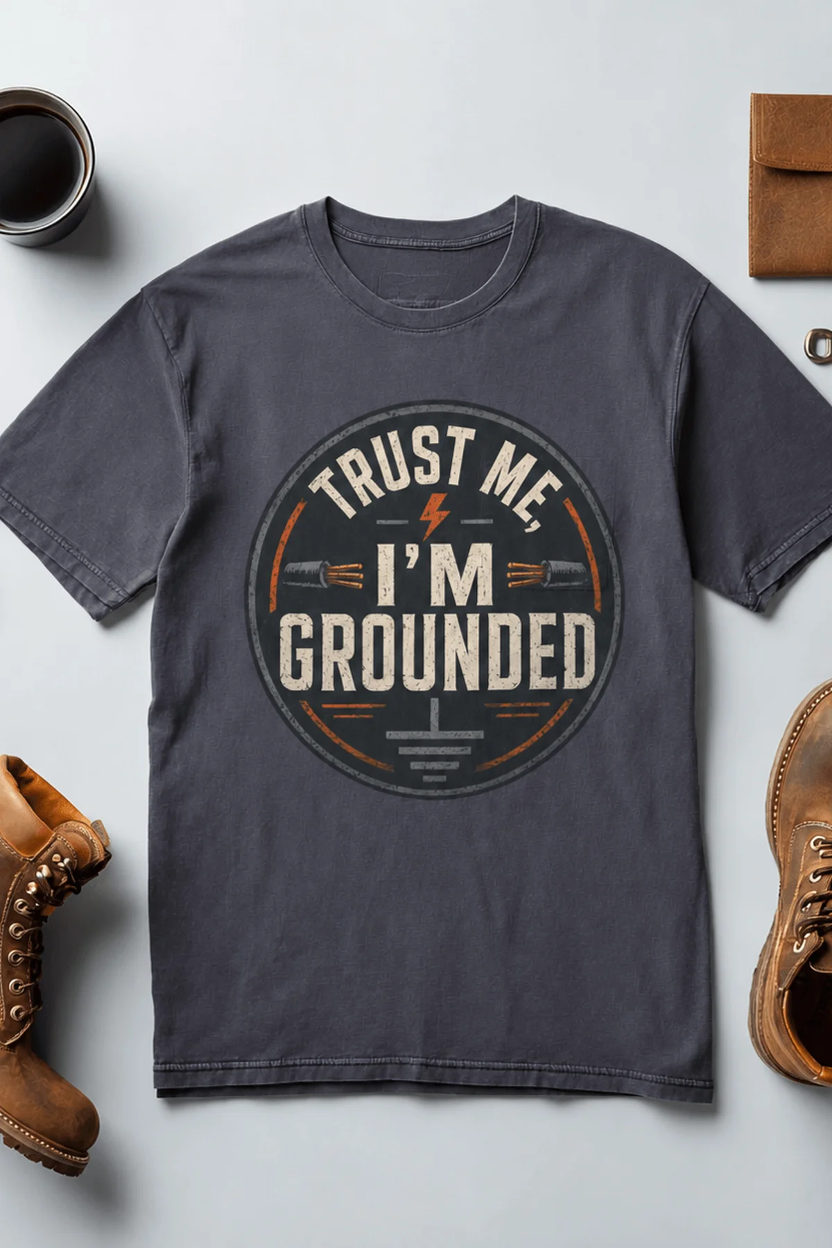 Grounded T‑Shirt – "Trust Me I'm Grounded" Electrical Tech Tee — navy t-shirt, flat-lay product photo | Pressure Tested Co