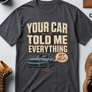 Mechanic T‑Shirt – "Your Car Told Me Everything" Vintage Graphic Design Tee — navy t-shirt, flat-lay product photo | Pressure Tested Co