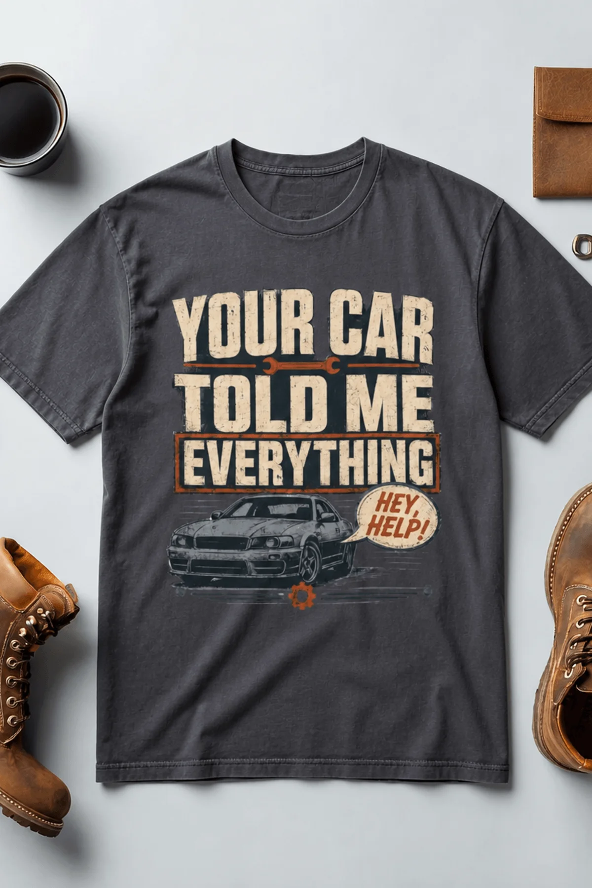 Mechanic T‑Shirt – "Your Car Told Me Everything" Vintage Graphic Design Tee — navy t-shirt, flat-lay product photo | Pressure Tested Co