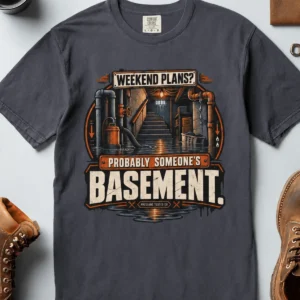 Plumber T‑Shirt – "Weekend Plans? Probably Someone's Basement" Vintage Graphic Design Tee — navy t-shirt, flat-lay product photo | Pressure Tested Co